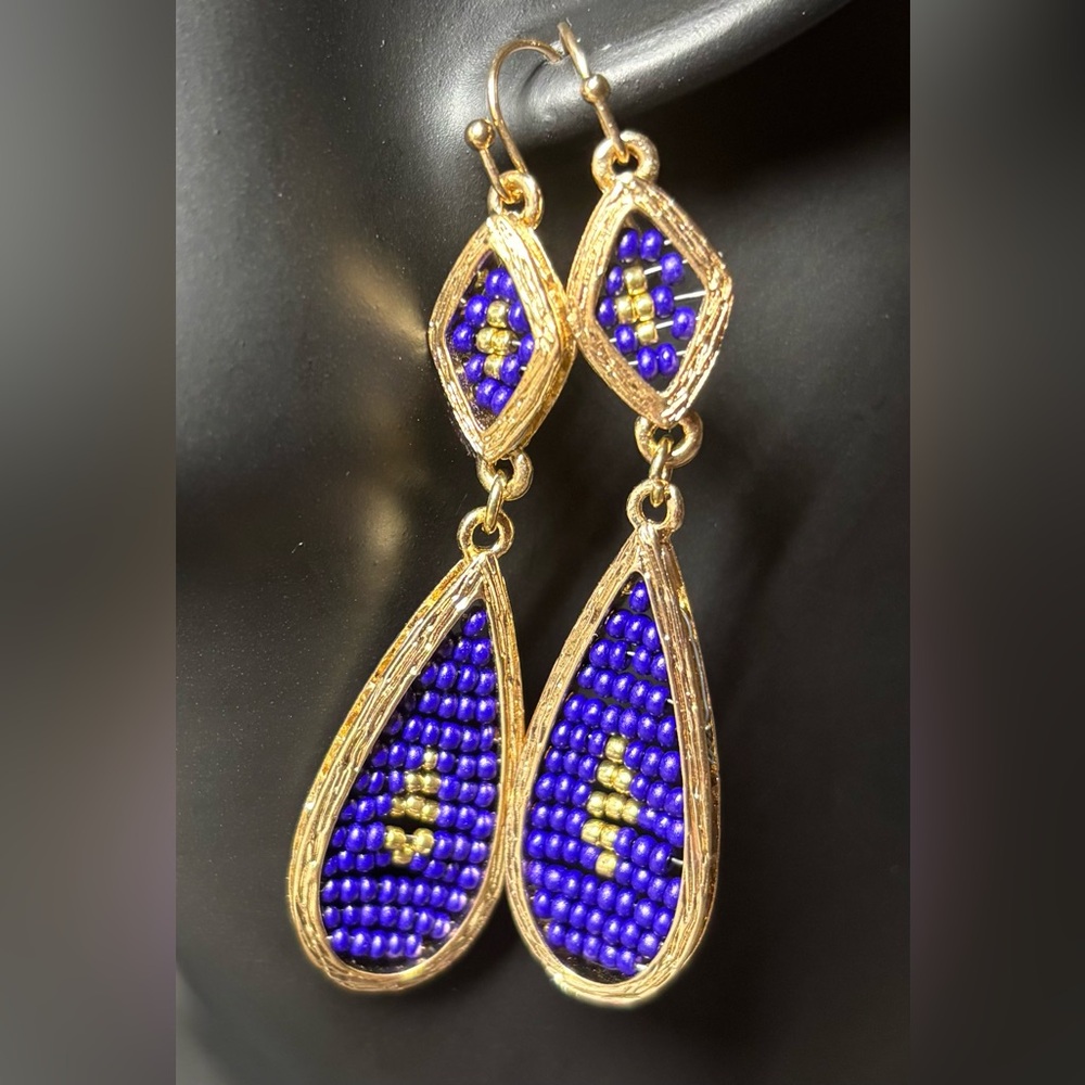 Gold & Blue Hand Beaded Teardrop Earrings - Picture 1 of 5